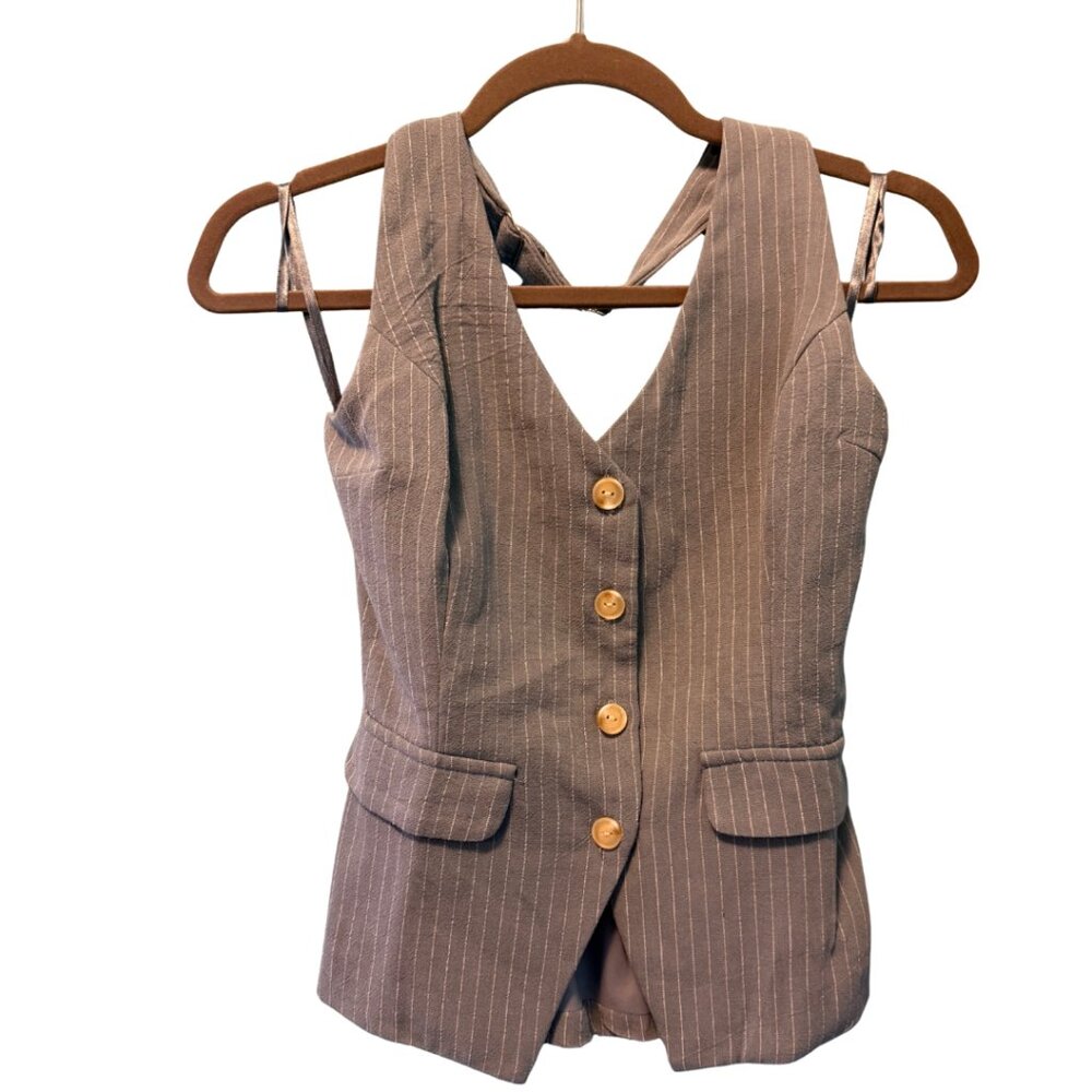 NWOT Monteau Blue Pinstripe Linen Blend Halter Vest Top – Sz S